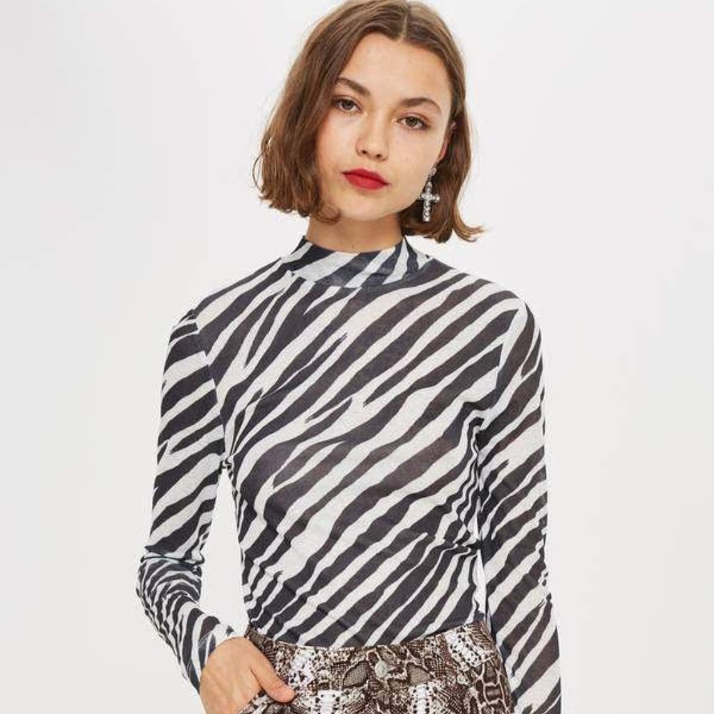 Topshop Sheer Zebra Print Mock Turtleneck